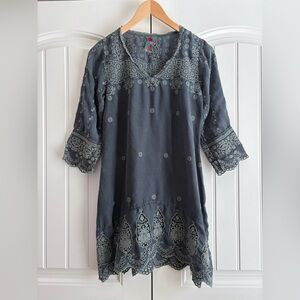 Johnny Was Gray Rayon Eyelet Dress Tunic Embroidered Women's Size Small